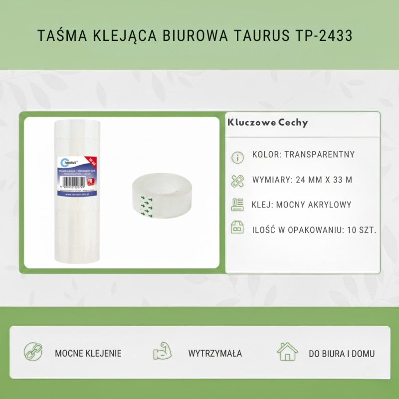 Taśma klejąca 24mm/33m transparentna 10szt | Taurus TP-2433