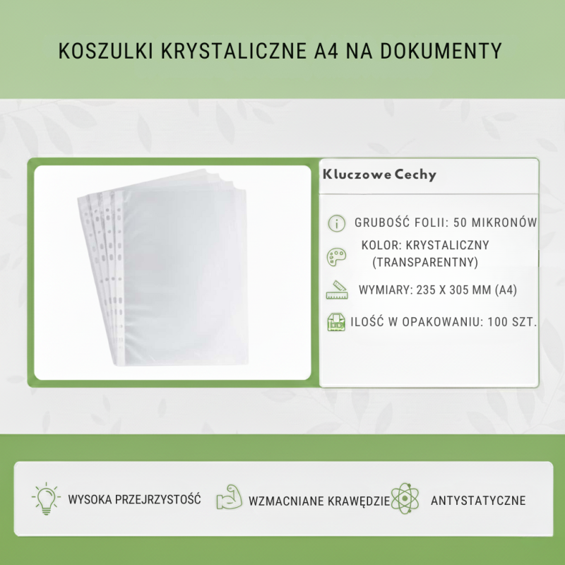 Koszulki Krystaliczne A4 50mic 100szt Przejrzyste Wzmocnione | Office Products