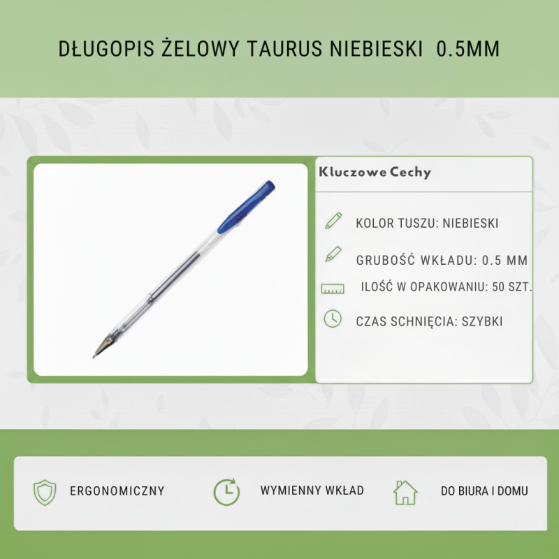 Długopis żelowy niebieski 0.5mm 50szt Taurus | Wkład wymienny