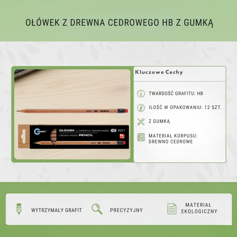 Ołówek HB z GUMKĄ 9201 DREWNO CEDROWE 12szt | Taurus