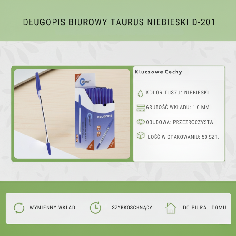 Długopis Taurus D-201 Niebieski 1.0mm 50szt | Wymienny wkład