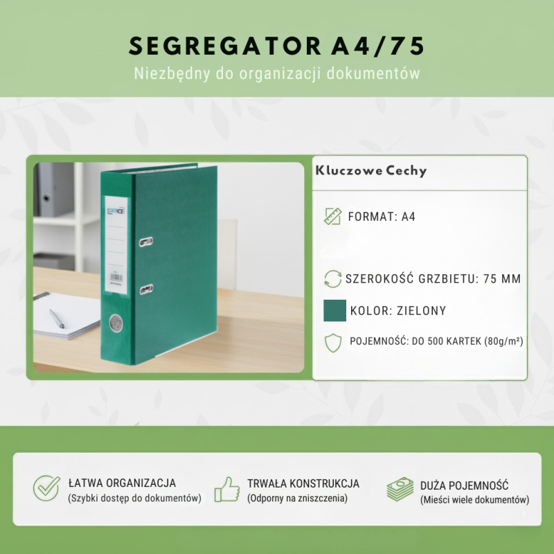 Segregator A4 75mm Zielony Folia PP | Office Products
