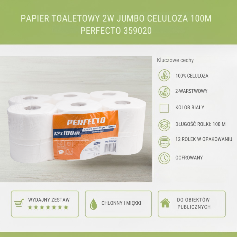 Papier toaletowy Jumbo 2W Biały 100m Celuloza PERFECTO
