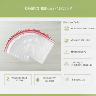 Torebki Strunowe Przezroczyste 16x25 cm 100 szt. LDPE