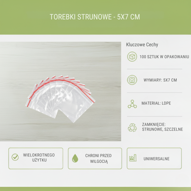 Torebki Strunowe 5x7 cm 100 szt LDPE | Woreczki Foliowe Biurowe