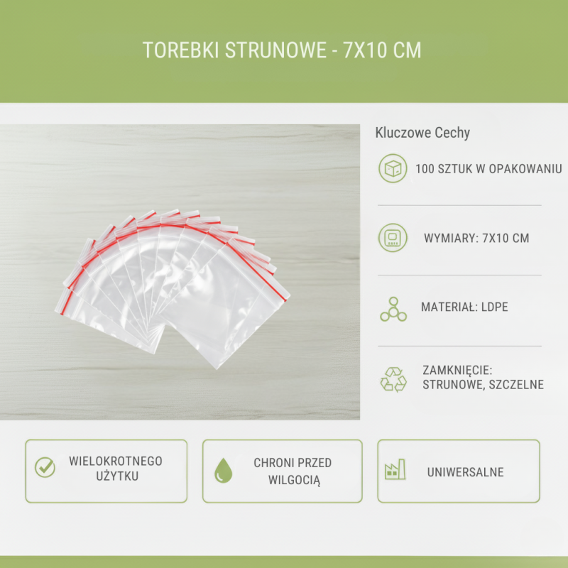 Torebki strunowe 7x10 cm 100 szt. Przezroczyste LDPE | Biuro