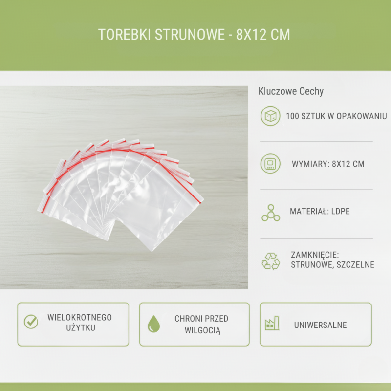 Torebki strunowe 8x12 cm 100 szt. LDPE | Przezroczyste, biurowe