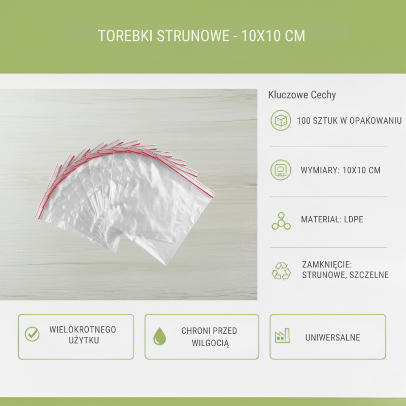 Torebki Strunowe 10x10 cm 100 szt | Woreczki LDPE | Zamknięcie Strunowe