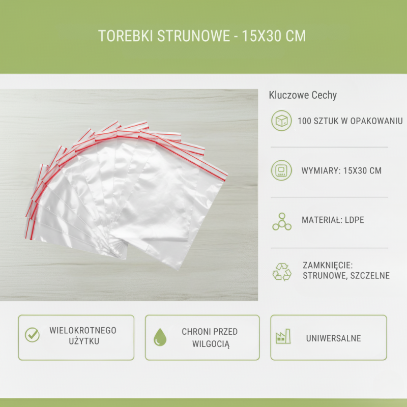 Torebki strunowe 15x30 cm 100szt – LDPE, zamknięcie strunowe, biuro