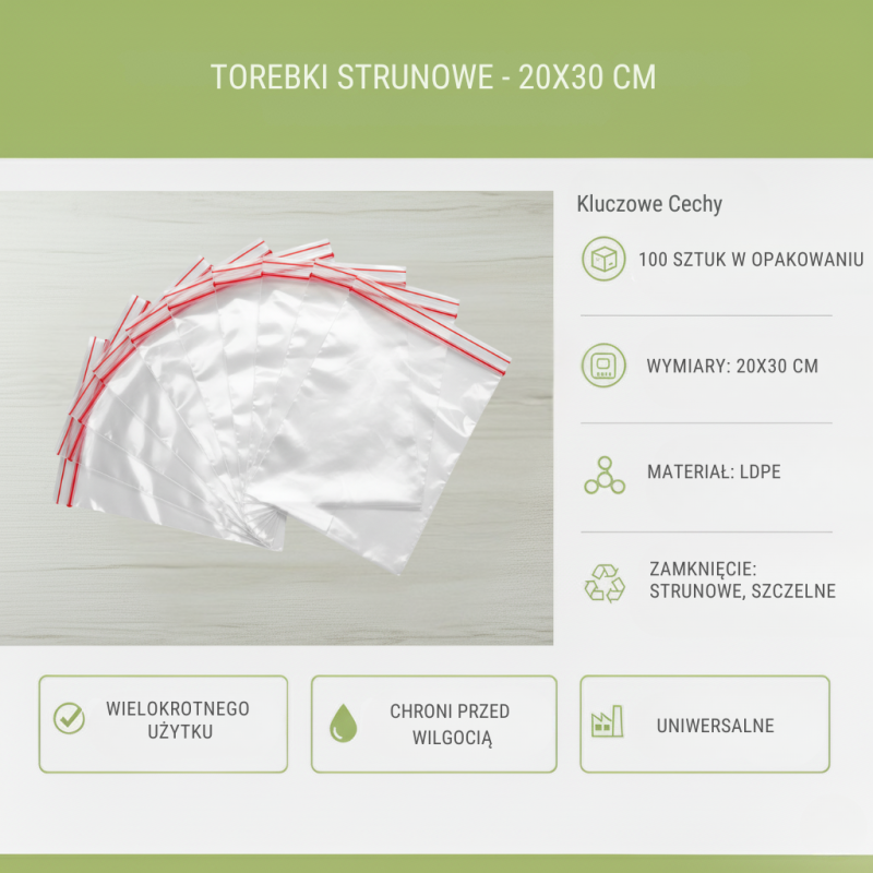 Torebki strunowe 20x30 cm 100 szt. Przezroczyste LDPE | Biurowe