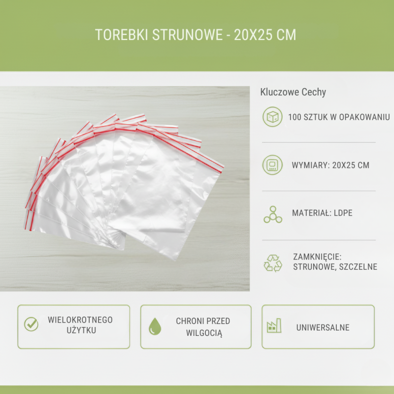 Torebki strunowe 20x25 cm 100 szt. | LDPE, biurowe, transparentne