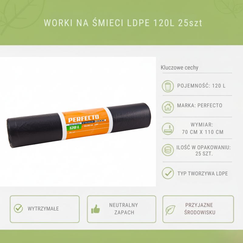 Worki na śmieci 120L LDPE 26μm czarne 25szt | Perfecto