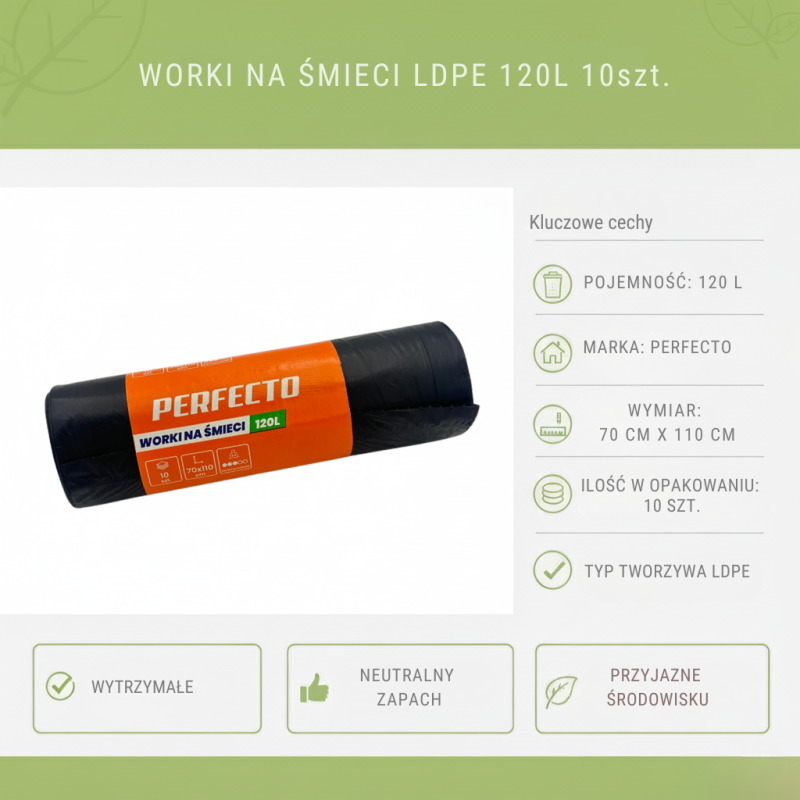 Worki na Śmieci 120L LDPE Czarne 10szt | PERFECTO 159054