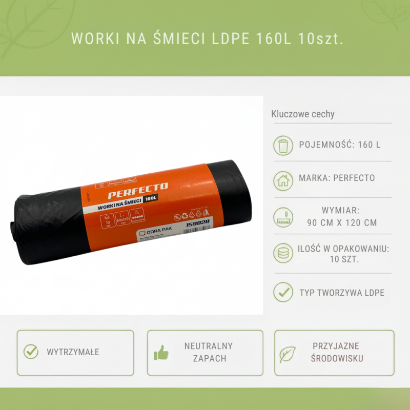 Worki na Śmieci 160L LDPE 30μm 10szt PERFECTO | Wytrzymałe