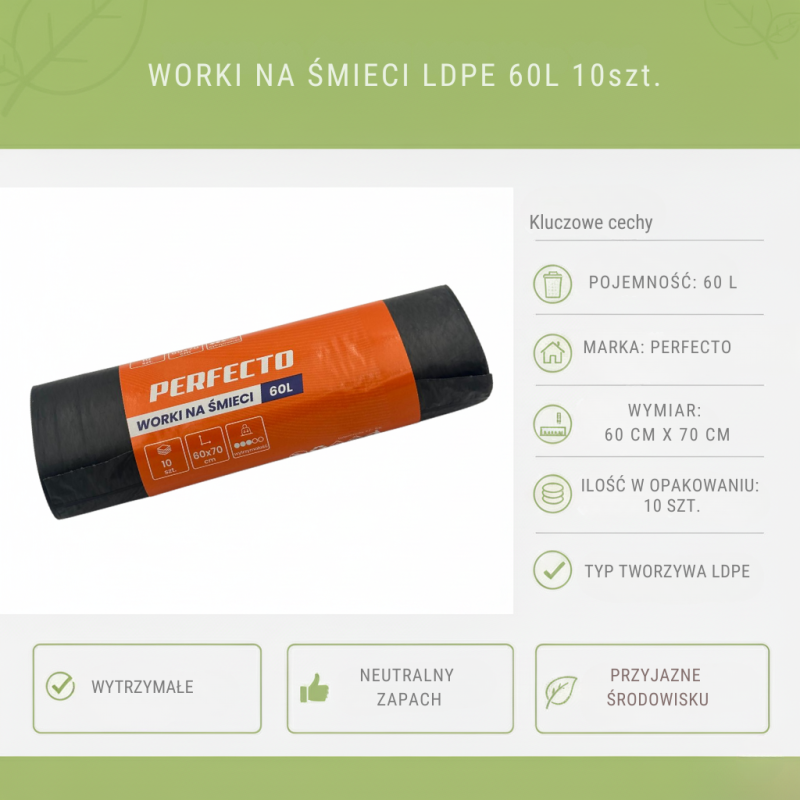 Worki na Śmieci 60L LDPE 19μm 10szt | Perfecto