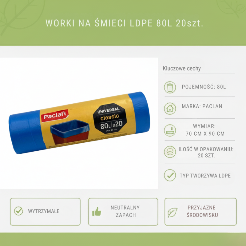 Worki na śmieci 80L LDPE 20μm niebieskie 20szt | Paclan Classic