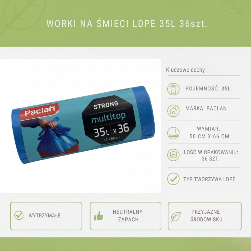 Worki na śmieci 35L LDPE Multitop Paclan 20szt – wytrzymałe, niebieskie