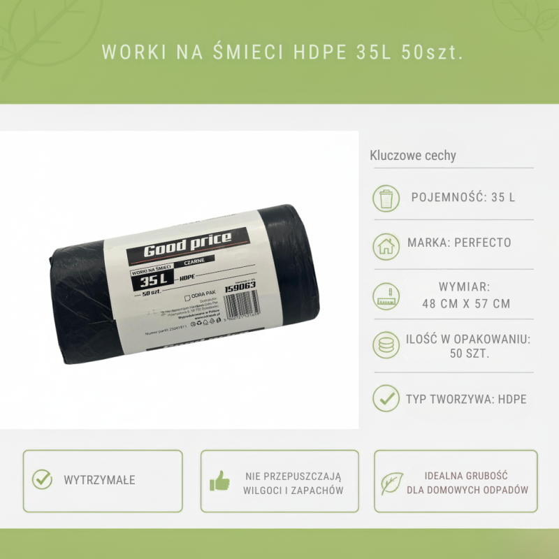 Worki na śmieci HDPE 35L 6μm czarne 50szt | Perfecto