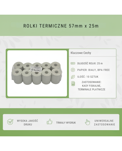 Rolka termiczna 57mm x 25m do kas fiskalnych, 10 szt. | Bez BPA