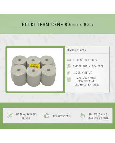 Rolka termiczna 80x80mm 6 szt. bez BPA | Do kas fiskalnych