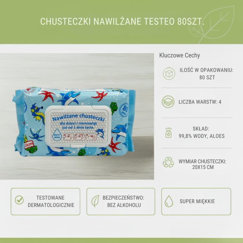 Chusteczki nawilżane TESTEO 80szt 99,8% wody aloes | Biuro Dom