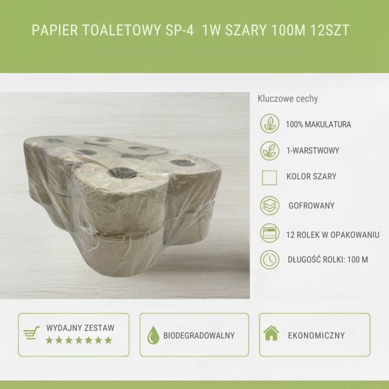 Papier toaletowy Jumbo 1W Szary 100m 12szt Makulatura
