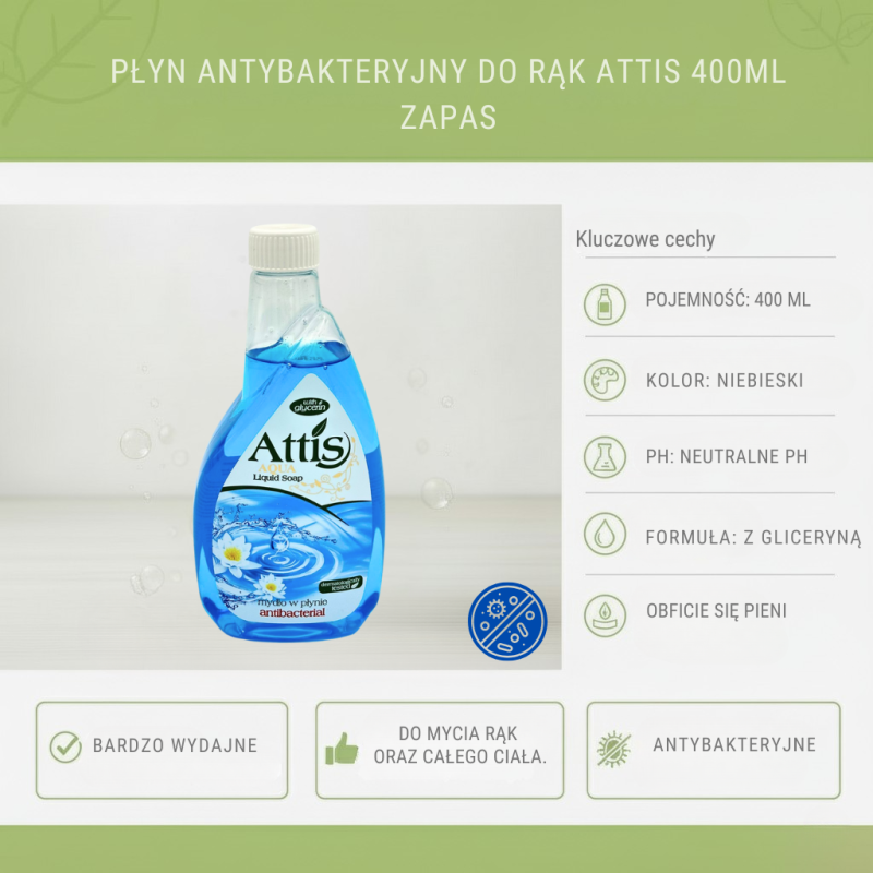 Mydło antybakteryjne ATTIS 400ml ZAPAS | Do biura, neutralne pH