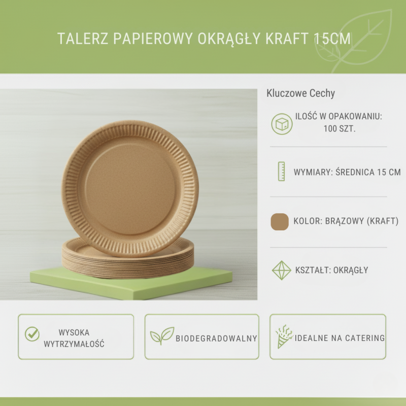 Talerze Papierowe Okrągłe KRAFT 15cm 200g/m² 100szt | FSC Eco