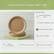 Talerze Papierowe Okrągłe KRAFT 15cm 200g/m² 100szt | FSC Eco
