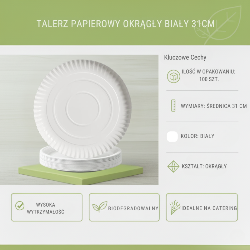 Talerze Papierowe Okrągłe 31cm 250g/m² 100szt | EcoServe