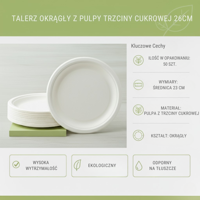 Talerze z pulpy trzciny 26cm okrągłe 50szt | EcoServe