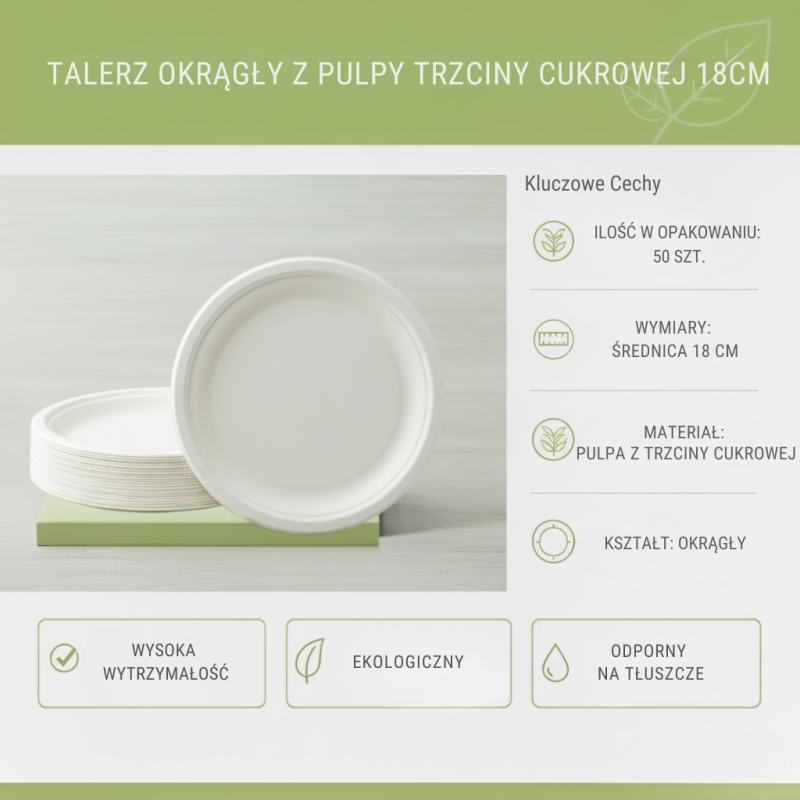 Talerze okrągłe pulpa trzciny 18cm 50szt | EcoPulpa