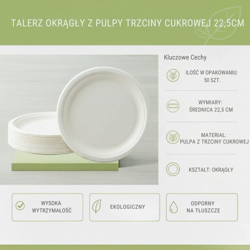Talerz okrągły pulpa trzciny 22,5cm 50szt | Ekologiczny catering