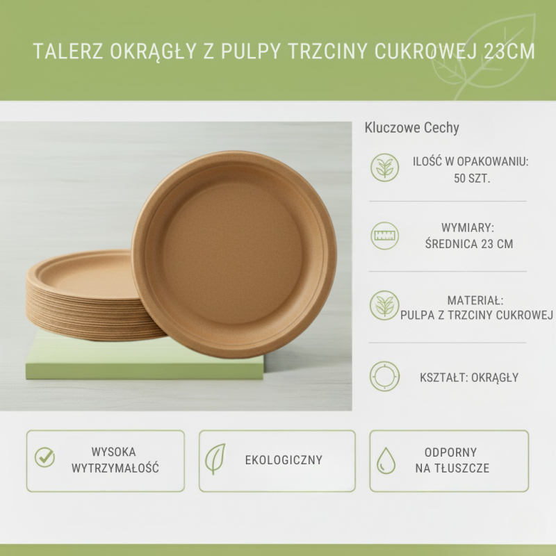Talerze z pulpy trzciny 23cm okrągłe 50szt | Biodegradowalne Servipack