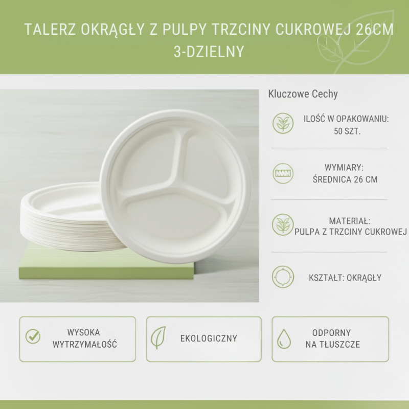 Talerz okrągły pulpa trzciny 26cm 3-dzielny 50szt | EcoDish
