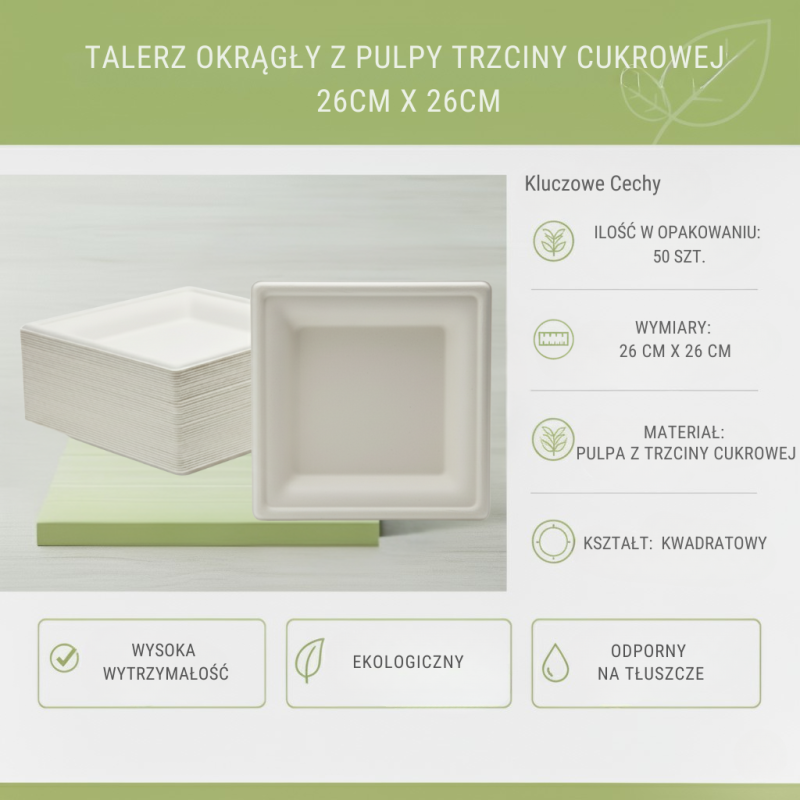 Talerze kwadratowe z pulpy 26x26cm 50szt | Clarina Eco
