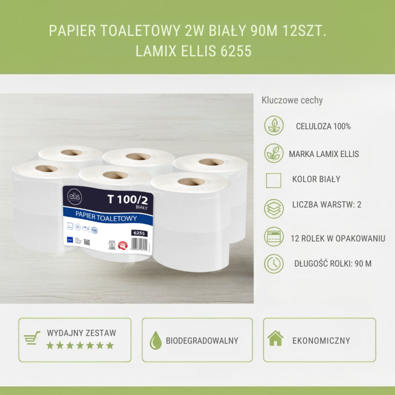 Papier toaletowy Jumbo 2W Biały 90m 12szt Celuloza 100% ...