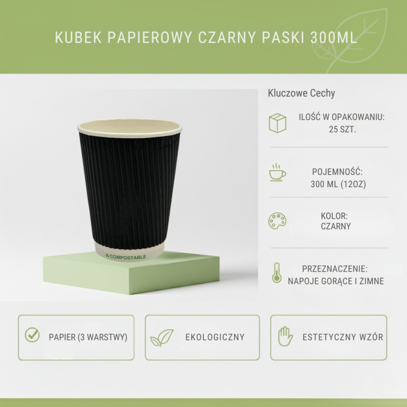 Kubek papierowy dwuścienny 300ml czarny paski 25szt | ODRAPAK