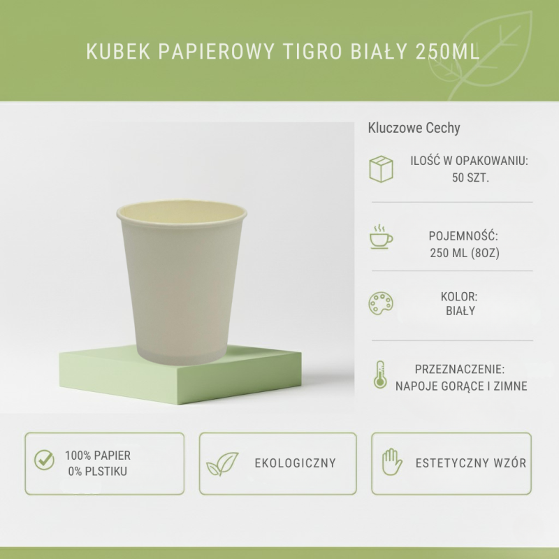 Kubek papierowy 250ml biały 50szt TIGRO | Do kawy i napojów