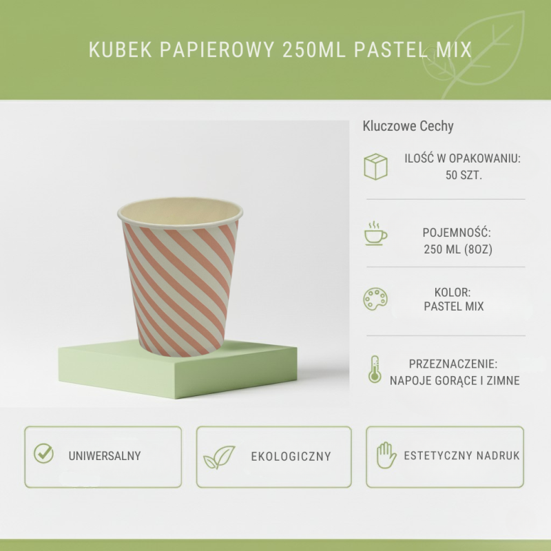 Kubki Papierowe +PE 250ml Kropki 50szt | Pastel