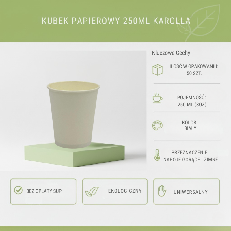 Kubek papierowy 250ml biały 50szt KAROLLA | Do kawy, napojów
