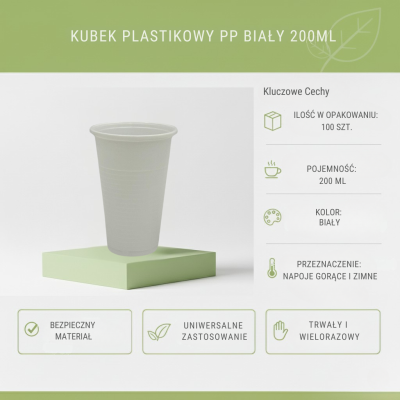 Kubki plastikowe PP białe 200ml 100szt | Jednorazowe do napojów