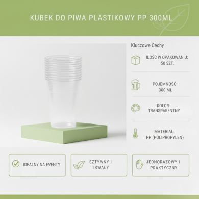 Kubki do piwa PP 300ml 50szt Guillin | Jednorazowe przezroczyste