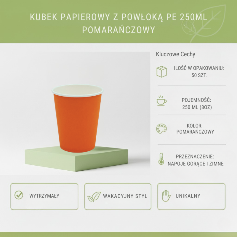 Kubek papierowy PE 250ml pomarańczowy 50szt | Abena