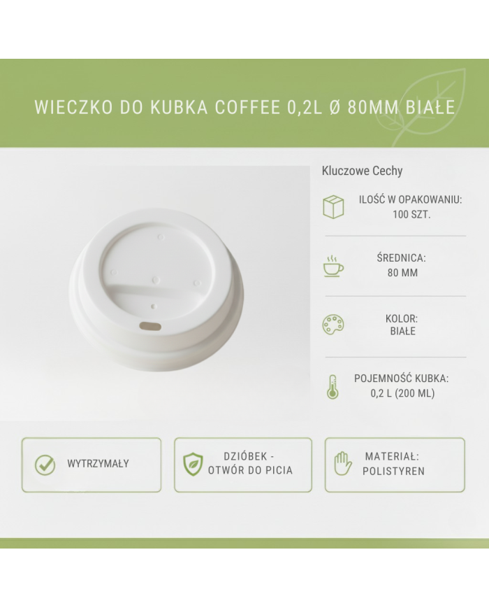 Wieczko 80mm do Kubka 200ml Coffee Białe | 100szt | PS