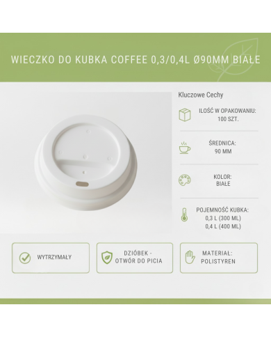 Wieczko Kubka 90mm 300-400ml Białe 100szt | Pokrywka Jednorazowa