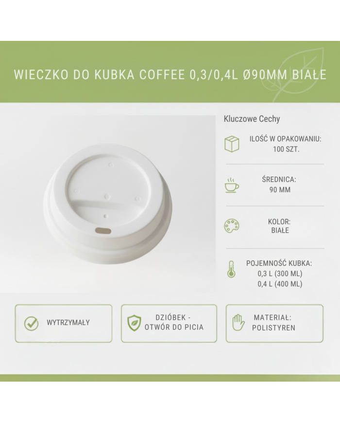 Wieczko Kubka 90mm 300-400ml Białe 100szt | Pokrywka Jednorazowa