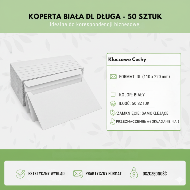 Koperta Biała DL Samoklejąca 110x220 mm 90g/m² Bez Oki...