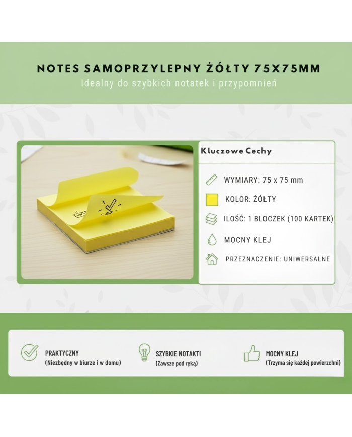 Notes Samoprzylepny Żółty 75x75 mm 100 kartek – Twó...