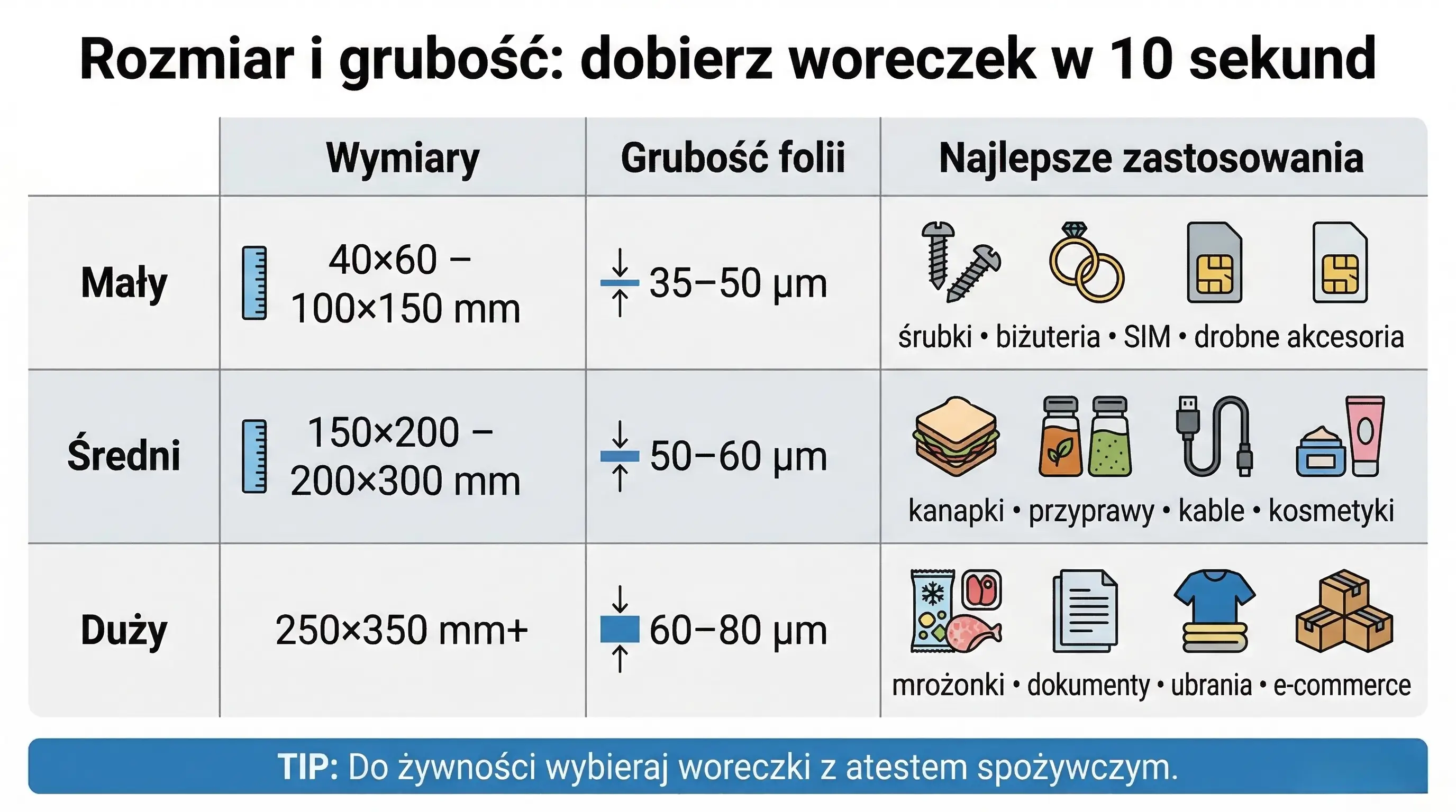 Rozmiar i grubość: dobierz woreczek w 10 sekund